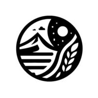 Monochromatic Mountain, Moon, and Wheat Landscape Within a Circular Frame, Representing Harmony and Natures Cycle. vector