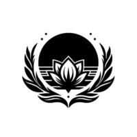 Elegant Black and White Lotus Emblem with Circular Sunrise Backdrop and Laurel Wreath, Symbolizing Harmony and Enlightenment. vector