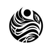 Black and White Abstract Circular featuring Curved Lines, Leaves, and a Celestial Sun, Expressing Harmony. vector