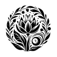Intricate black and white floral composed of a central lotus flower encircled by stylized leaves, buds, and flowing spiral elements, creating a harmonious composition. vector