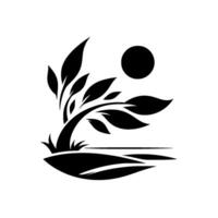 Black silhouette minimalist landscape stylized tree with large leaves, bent trunk, grassy base, and a circle representing the sun, against a white background. vector