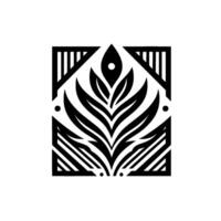 Geometric floral design, symmetrical, monochromatic black and white, with stylized leaves, dot accents, and patterned framing in square. vector
