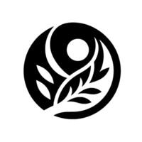 Abstract Yin Yang Composition Black and White Circular with NatureInspired Elements, Including a Leafy Branch, Moon, and Curved Lines. vector
