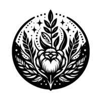 Symbolic Black and White Floral Crest Within a Circle, Depicting Natures Essence and Celestial Influences vector