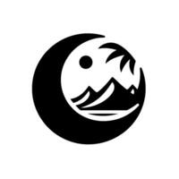 Black and White Stylized Circular Illustration of Mountains, Sun, and Palm Trees, Evoking Serenity. vector
