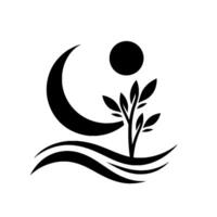 Black and White Emblem Crescent Moon, Sun, Tree, and Waves, A Symbolic Representation. vector