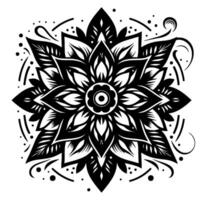 Intricate black and white floral mandala with layered petals, circular design, and delicate dot and line accents, symbolizing balance and harmony. vector