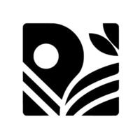 Abstract black and white featuring a circle, curved lines, and leaves within a rounded square frame, symbolizing growth. vector