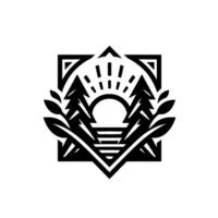 Black and white geometric featuring stylized sunrise over a lake, flanked by trees and foliage inside a square and diamond frame. vector