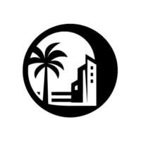 A minimalist black and white emblem featuring a palm tree and a modern building silhouette within a circular frame, suggesting tropical urbanism. vector