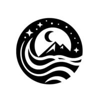 A monochromatic circular emblem depicting a mountain range, a crescent moon, stars, and stylized ocean waves within a dark ring, evoking a sense of nature and tranquility. vector