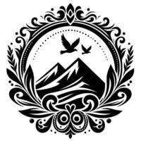 Intricate Monochrome Crest Birds Soaring Above Majestic Mountains, Encircled by Ornate Floral Scroll Elements, Evoking Tranquility. vector