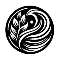 A stylized yinyang symbol featuring a plant with leaves and swirling wavelike lines, set in a circular frame, evoking harmony. vector