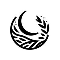 Abstract black and white featuring a crescent moon encompassed by stylized leaves and a flowing line, creating a balanced and harmonious composition. vector