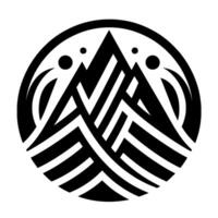 A minimalist black and white circular showcasing stylized mountain peaks with a layered, geometric and abstract decorative elements. vector