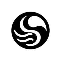 A minimalist black and white abstract featuring a dynamic Sshaped form within a circle, evoking fluidity and balance. vector