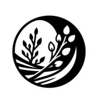 Elegant Black and White Circular Emblem Featuring Stylized Plants, Branches, and Foliage Designs with a Focus on Natures Geometry and Minimalist Aesthetics. vector