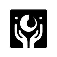 Abstract black and white depicting hands cupping a stylized crescent moon within a square frame, with two dots above. vector