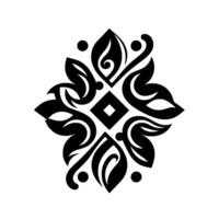 Symmetrical Black and White Floral Motif with Swirls, Leaves, and Dot Accents, Centered Diamond vector