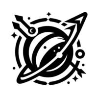 Intricate Black and White Illustration of a Planet with ClockHand Arrows, Orbit Ring, Stars and Dots, Futuristic Design. vector