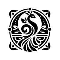 Elegant black and white peacock crest with ornate, stylized elements in a circular, symmetrical design, on a plain white background. vector