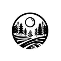Black and white circular illustration of a forest landscape with rolling hills, tall pine trees, a small bush, and a sunmoon. vector