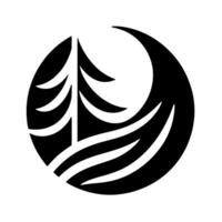 Minimalist Black and White Emblem Pine Tree Silhouetted Inside a Crescent Moon and Circle Design, Suggesting Natural Harmony. vector