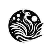 Stylized Black and White Phoenix Silhouette in a Circle with Celestial Elements Moon, Stars, and Flowing Feathers vector