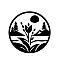 Stylized black and white emblem featuring a landscape within a circle a central floral element, trees, mountains, water, and a sun. vector