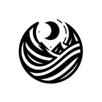 Monochromatic circular featuring a mountain range, crescent moon, stars and stylized water or clouds, evoking peace and nature. vector