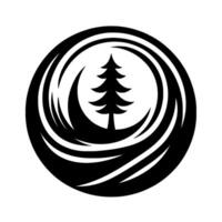 A minimalist black and white featuring a stylized evergreen tree encircled by dynamic, swirling wavelike elements within a circular frame. vector