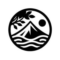 A minimalist black and white circular emblem featuring a mountain, sun, tree branch, and water, representing natures serenity. vector