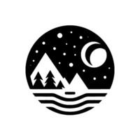 Minimalist monochrome circular design Mountains, evergreen trees, a lake, starry night sky, and crescent moon, nature icon. vector