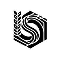 Monochromatic Emblem A stylized S intertwines with wheat in a geometric hexagon, a modern, minimalist design. vector