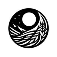 Silhouette of a landscape within a circle, depicting a nighttime scene with a full moon, mountains, flowing water, and foliage, rendered in a minimalist, style. vector