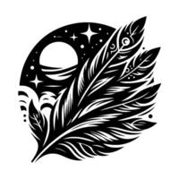 A stylized black and white illustration of feathers, a celestial body, and stars within a circle, creating a minimalist and elegant design. vector