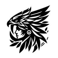 Intricate black and white illustration depicting a stylized eagle head merging with a human profile, with a symbolic element, set against a white backdrop. vector
