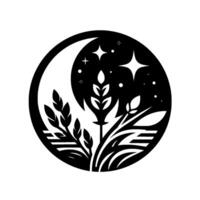 Celestial Night Abstract Black and White Circle Composition Featuring Moon, Stars, and Botanical Elements. vector