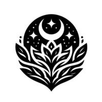 A stylized celestial featuring a crescent moon, stars, and a floral motif, rendered in a black and white, minimalist aesthetic. vector