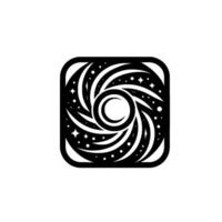 A stylized, minimalist depicting a celestial vortex within a rounded square frame, featuring swirling lines, stars, and dot constellations against a dark background. vector