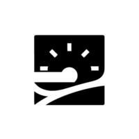 Geometric Black and White Depicting Rising Sun Above Curved Landscape Elements, Within a Rectangular Frame. vector