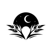 A stylized black and white illustration featuring a crescent moon and stars within a circular shape above wheat stalks, creating a symmetrical and elegant design. vector