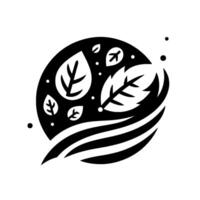 Abstract, minimalist black and white depicting stylized leaves and flowing lines within a circular frame, evoking nature. vector