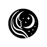 A stylized, minimalist showcasing a womans profile blending with the crescent moon, adorned with stars, set within a black circular frame. vector