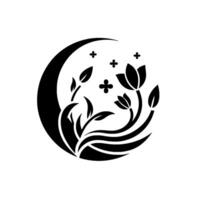 Black and White Floral Motif Crescent Moon with Stylized Leaves, Blossoms, and FourPetaled Flowers on a White Background vector