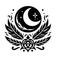Black and White Celestial Emblem with Crescent Moon, Stars, Feathers and Floral Element. vector