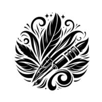 Elegant Black Ink Circle Design Quill Pen Merged with Leaves, Swirls, and a Touch of Sparkle, Representing Creative Expression and Artistic Flair. vector