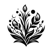 A symmetrical, stylized floral illustration in black and white, featuring leaves, petals, and buds, accented by geometric shapes like circles and a crescent moon, creating an elegant design. vector