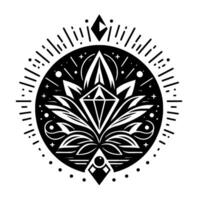 Intricate Black White Geometric Mandala with DiamondShaped Center, Surrounded by Ornate Foliage and Starburst Elements. vector