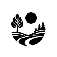 A stylized black and white with a landscape featuring a tree, rolling hills, evergreen trees, a road and a sun against a white background. vector